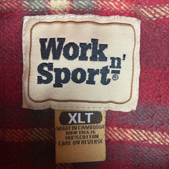 Work n Sport Flannel Shirt Men's Red Plaid Long Sleeve Button Up‎ XLT - Picture 9 of 10